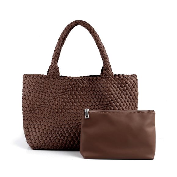 Woven Tote Bag Vegan Leather Large Capacity Travel Handbag And :'D - Picture 1 of 6